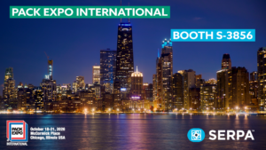 Photo of Chicago skyline at night. Text overlay: Pack Expo International, Booth S-3856. Serpa logo overlay.